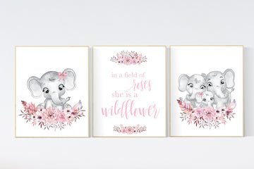 Nursery wall art elephant, nursery decor girl flower, nursery decor girl floral, Boho baby room, pink nursery decor, flower baby room
