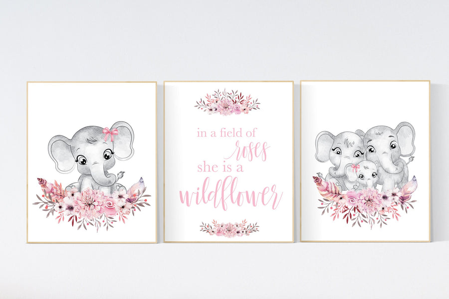 Nursery wall art elephant, nursery decor girl flower, nursery decor girl floral, Boho baby room, pink nursery decor, flower baby room