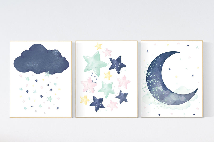 Navy mint nursery decor, cloud and stars, moon and stars, navy and mint, yellow, pink, nursery art. baby room wall art, set of 3