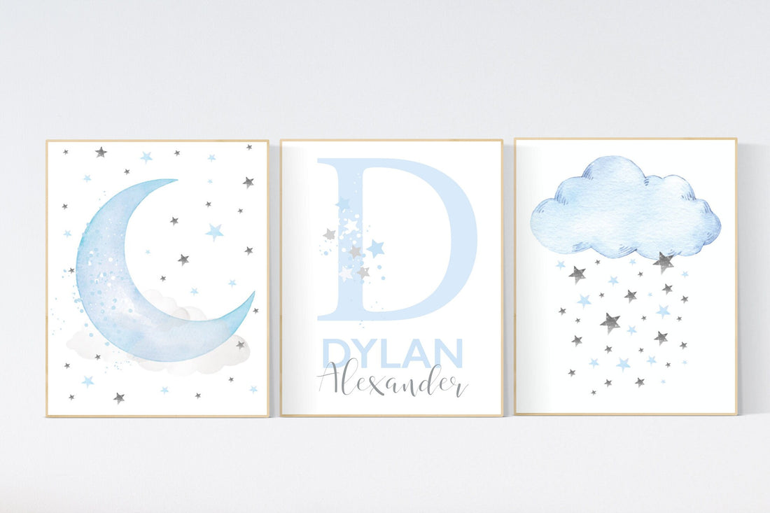 Nursery decor boy, blue gray nursery decor, cloud and moon, boys room decor, nursery prints, blue and gray nursery, nursery wall decor name