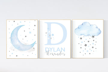 Nursery decor boy, blue gray nursery decor, cloud and moon, boys room decor, nursery prints, blue and gray nursery, nursery wall decor name