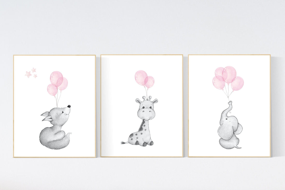Nursery wall art girl, Nursery decor girl pink and gray, nursery wall art elephant, fox, giraffe, nursery, nursery wall art, animal prints