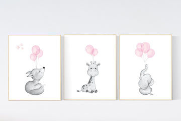Nursery wall art girl, Nursery decor girl pink and gray, nursery wall art elephant, fox, giraffe, nursery, nursery wall art, animal prints