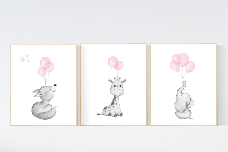 Nursery wall art girl, Nursery decor girl pink and gray, nursery wall art elephant, fox, giraffe, nursery, nursery wall art, animal prints