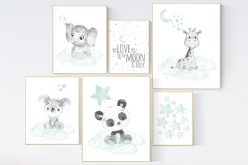 Nursery decor mint, mint green nursery, elephant, giraffe, panda, koala, we love you to the moon and back, gender neutral nursery, cloud