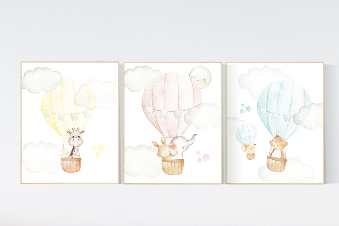 Nursery decor animals, hot air balloon, elephant giraffe, bear, gender neutral, nursery decor twins, animal nursery, neutral, unisex
