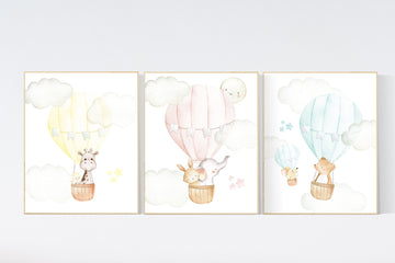 Nursery decor animals, hot air balloon, elephant giraffe, bear, gender neutral, nursery decor twins, animal nursery, neutral, unisex