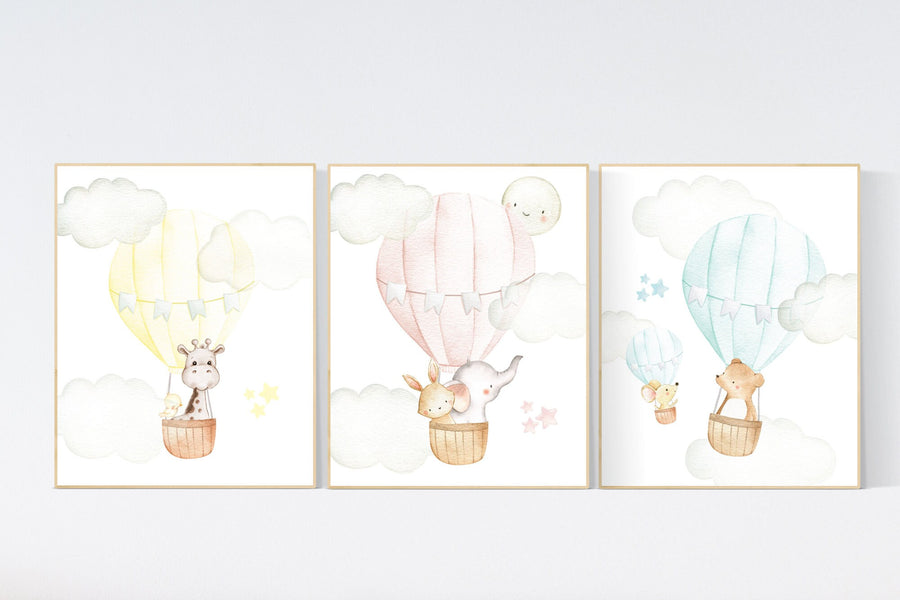 Nursery decor animals, hot air balloon, elephant giraffe, bear, gender neutral, nursery decor twins, animal nursery, neutral, unisex