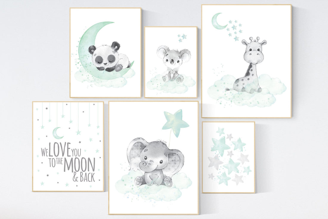 Nursery decor mint, mint green nursery, elephant, giraffe, panda, koala, we love you to the moon and back, gender neutral nursery, cloud