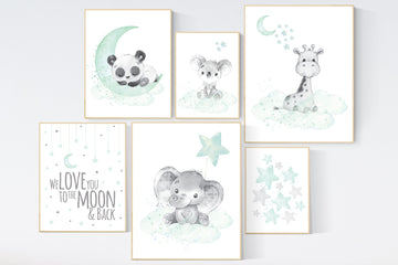 Nursery decor mint, mint green nursery, elephant, giraffe, panda, koala, we love you to the moon and back, gender neutral nursery, cloud