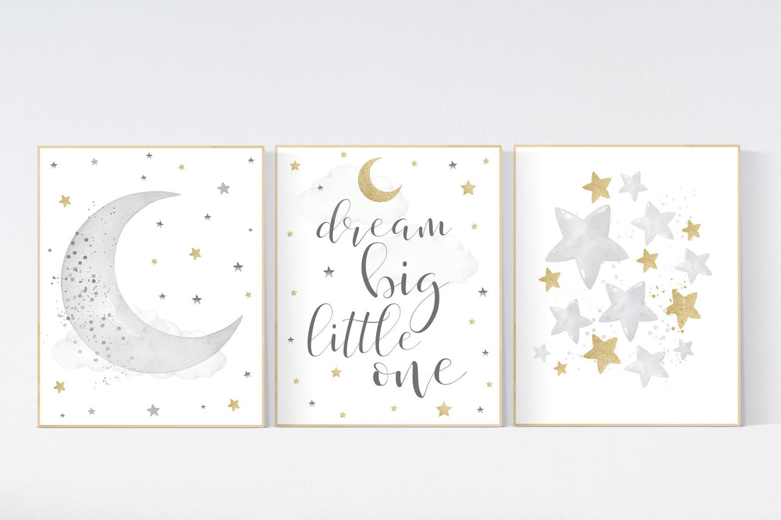 Nursery wall art grey, gray gold nursery, nursery decor neutral, baby room decor gender neutral, moon and stars, grey gold, baby room art