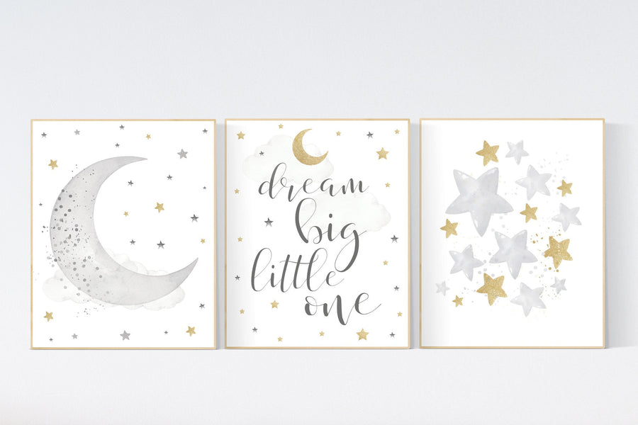 Nursery wall art grey, gray gold nursery, nursery decor neutral, baby room decor gender neutral, moon and stars, grey gold, baby room art