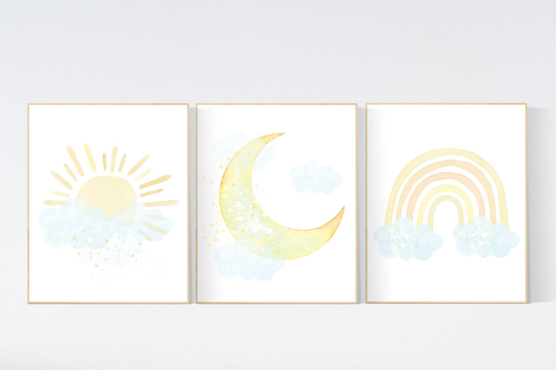 Nursery decor clouds, sunshine nursery, gender neutral nursery wall art, sun, cloud, baby room decor, blue yellow, nursery wall decor