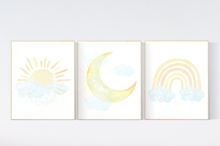Nursery decor clouds, sunshine nursery, gender neutral nursery wall art, sun, cloud, baby room decor, blue yellow, nursery wall decor