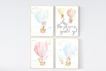 Hot air balloon nursery wall art, nursery decor animals, elephant, giraffe, bear, bunny, gender neutral, twin nursery, baby registry, travel