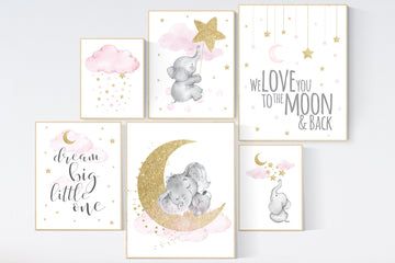Nursery decor girl, Nursery decor elephant, baby room decor girl gold and pink, gold nursery art, to the moon and back, cloud stars nursery