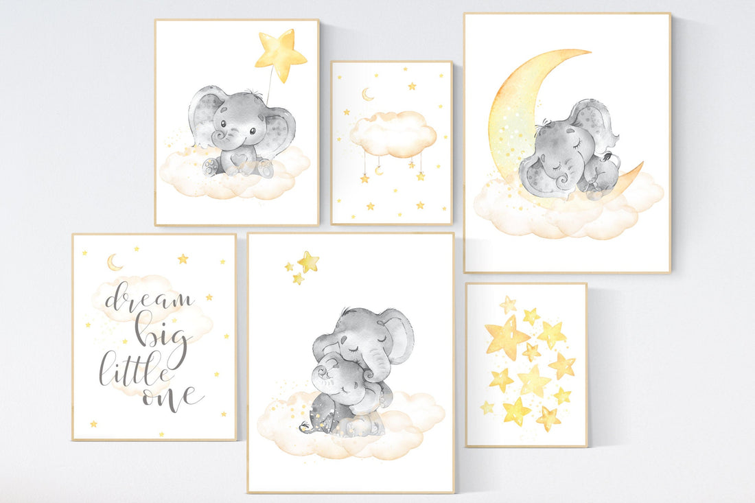 Nursery decor elephant, yellow grey nursery wall art, moon and stars, yellow nursery, gender neutral, twin nursery, unisex, yellow gray