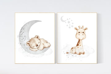 Nursery wall art animals, gray nursery, gender neutral nursery, neutral nursery, bear, giraffe, animal prints, gray nursery, grey nursery