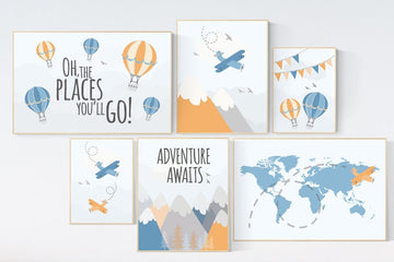 Adventure nursery decor, nursery decor airplane, world map nursery, adventure awaits, orange blue nursery, travel theme, gender neutral