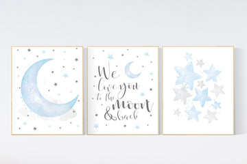 Blue and gray, Nursery decor boy, nursery decor, boys room decor, we love you to the moon and back , clouds and stars, blue grey nursery