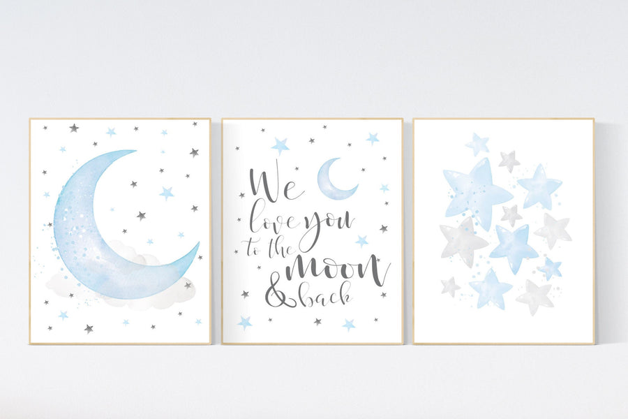 Blue and gray, Nursery decor boy, nursery decor, boys room decor, we love you to the moon and back , clouds and stars, blue grey nursery