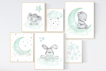 Nursery decor mint, mint green nursery, elephant, bear, bunny, gender neutral nursery, mint green nursery wall decor, animal prints