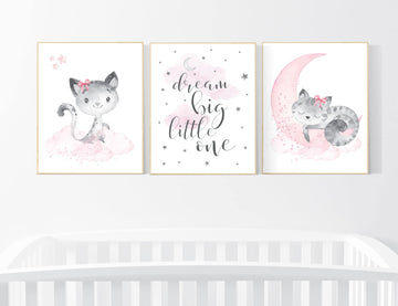 Cat nursery print, kitten nursery print, nursery decor girl, nursery art girl dream big, cat print, kittens, pink and grey, pink gray
