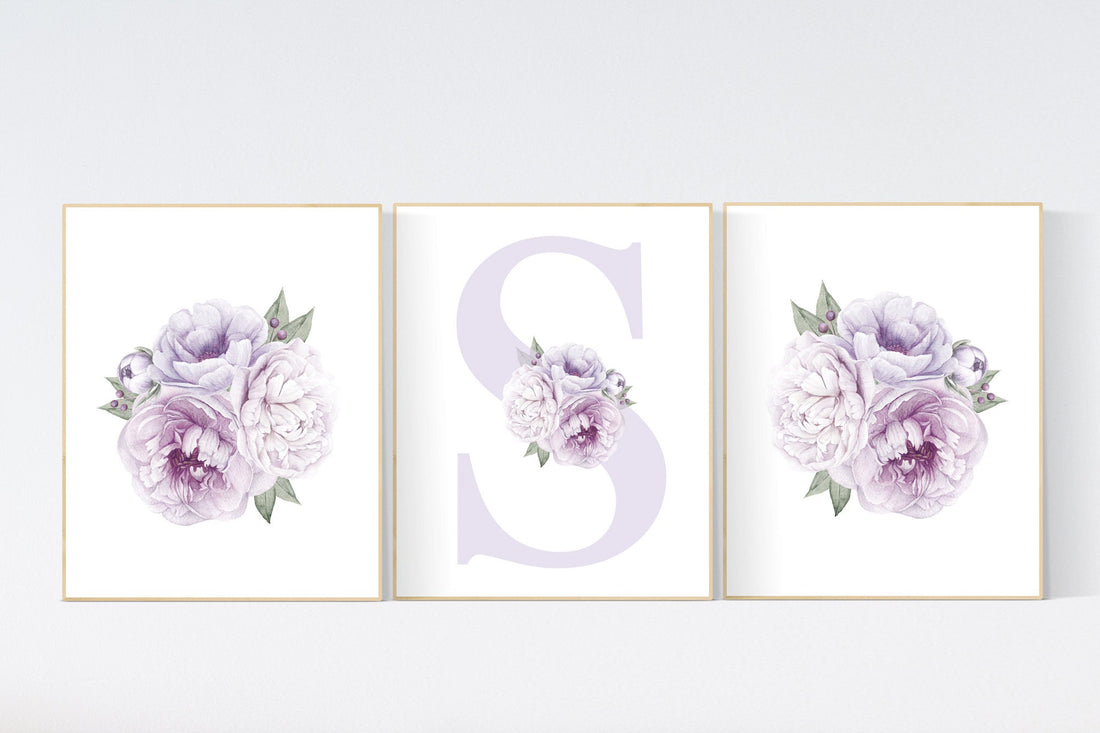 Nursery decor girl flower, floral nursery, lilac nursery, purple, peony flower, lavender nursery, girl nursery wall decor, set of 3 prints