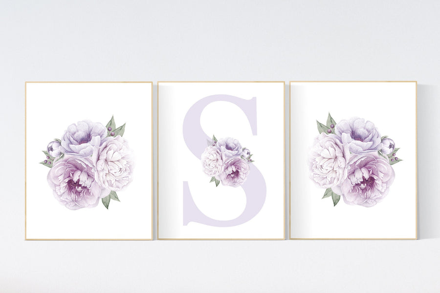 Nursery decor girl flower, floral nursery, lilac nursery, purple, peony flower, lavender nursery, girl nursery wall decor, set of 3 prints