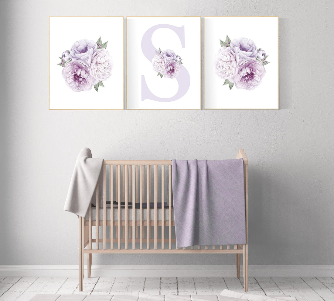 Nursery decor girl flower, floral nursery, lilac nursery, purple, peony flower, lavender nursery, girl nursery wall decor, set of 3 prints