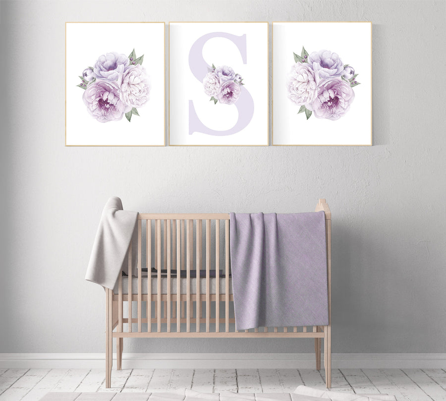 Nursery decor girl flower, floral nursery, lilac nursery, purple, peony flower, lavender nursery, girl nursery wall decor, set of 3 prints