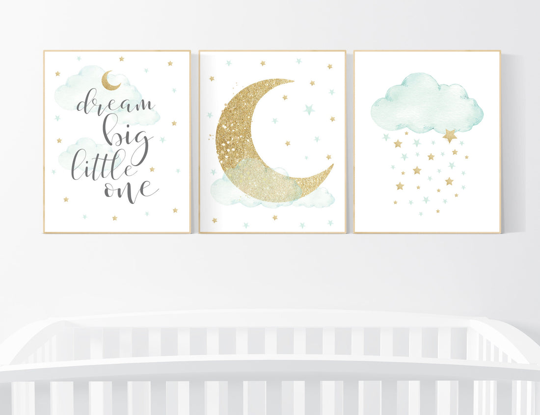 Nursery decor gender neutral, mint gold baby nursery, nursery decor boy and girl, cloud and star nursery, moon nursery wall decor