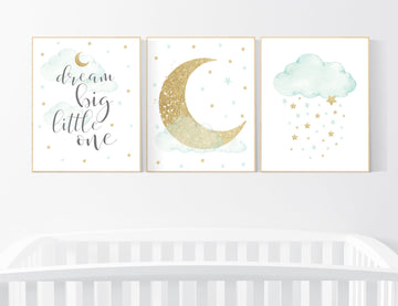 Nursery decor gender neutral, mint gold baby nursery, nursery decor boy and girl, cloud and star nursery, moon nursery wall decor
