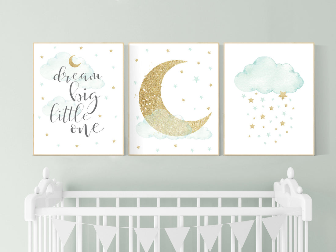 Nursery decor gender neutral, mint gold baby nursery, nursery decor boy and girl, cloud and star nursery, moon nursery wall decor