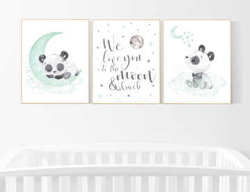 Panda nursery, mint nursery decor, gender neutral prints, mint nursery wall art, panda prints, animal nursery wall art, neutral nursery