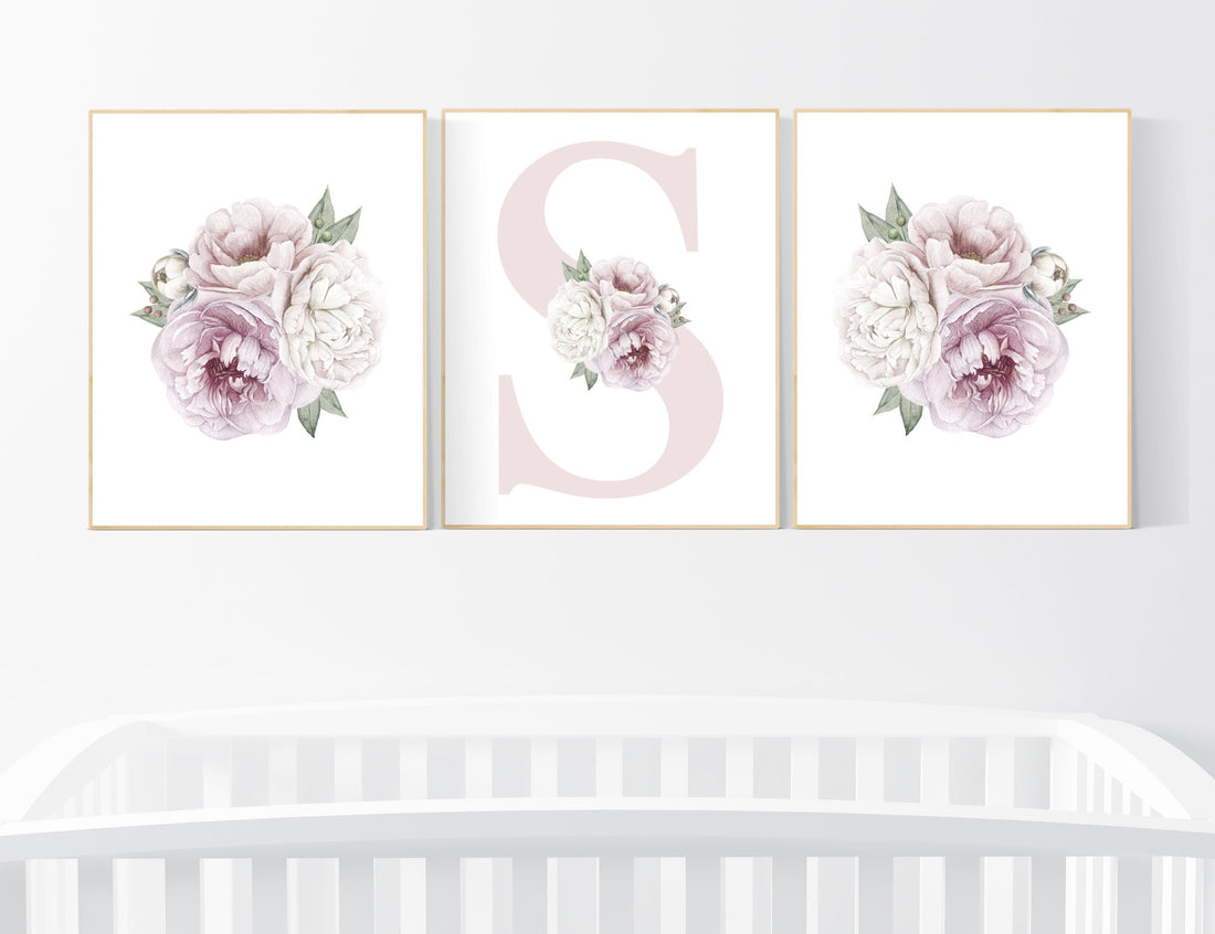 Nursery decor girl flower, floral nursery, peony nursery, burgundy, peony flower, girl nursery wall decor, set of 3 prints, initial art