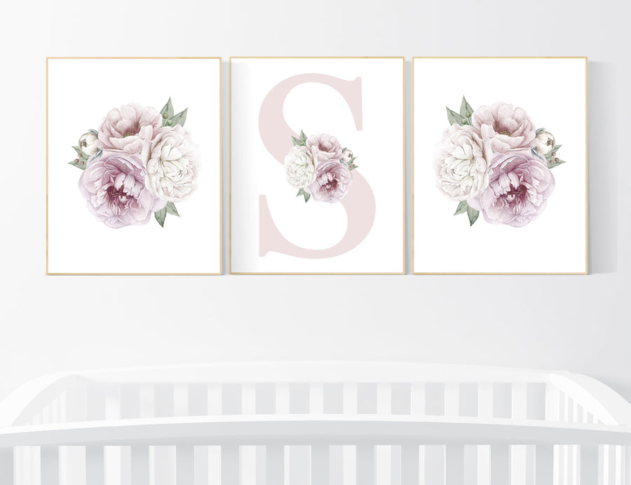 Nursery decor girl flower, floral nursery, peony nursery, burgundy, peony flower, girl nursery wall decor, set of 3 prints, initial art