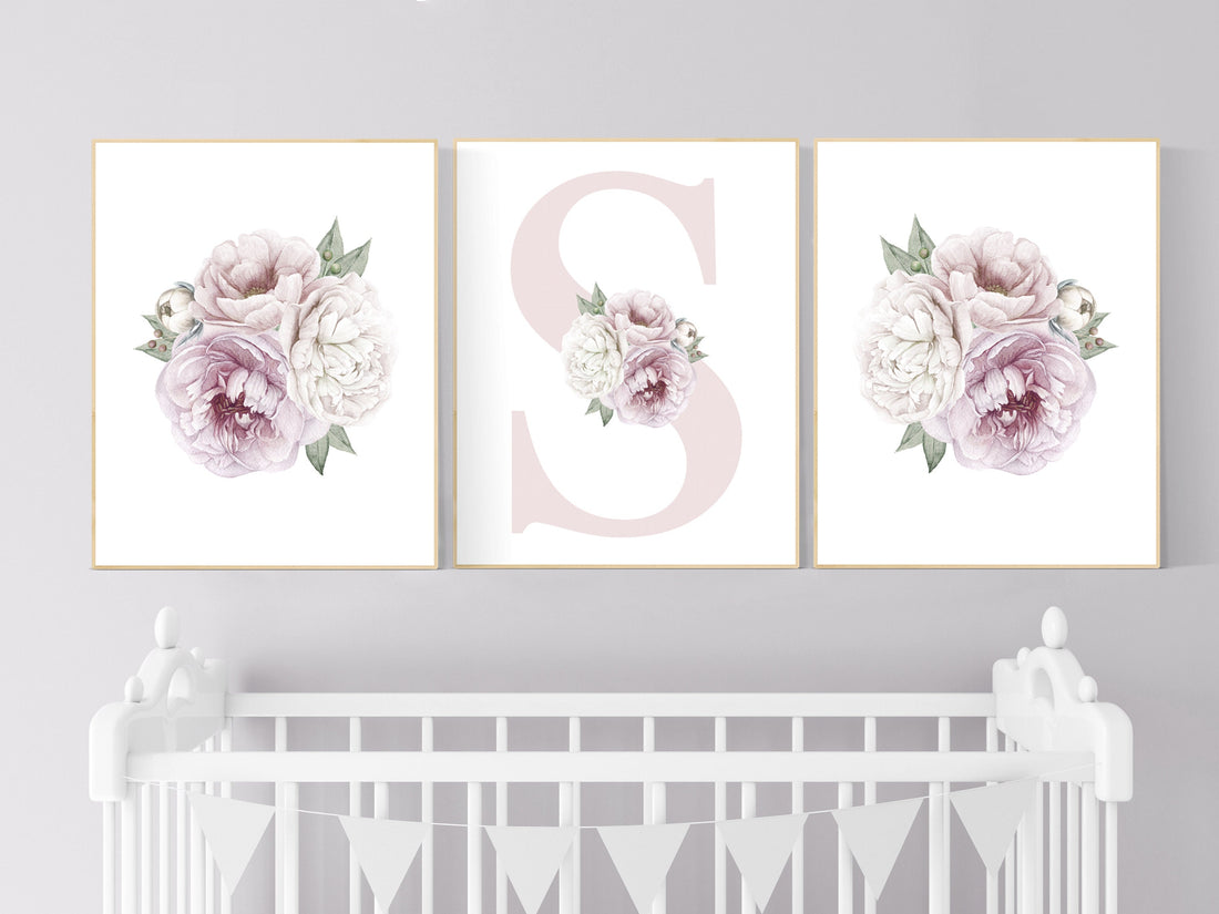 Nursery decor girl flower, floral nursery, peony nursery, burgundy, peony flower, girl nursery wall decor, set of 3 prints, initial art