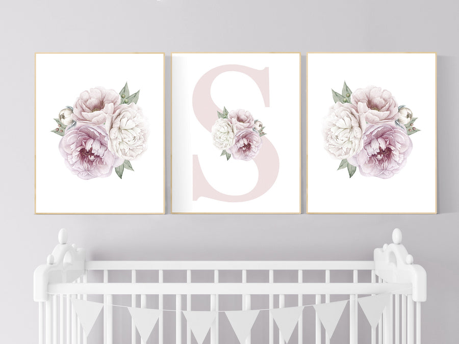 Nursery decor girl flower, floral nursery, peony nursery, burgundy, peony flower, girl nursery wall decor, set of 3 prints, initial art