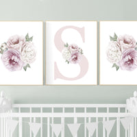 Nursery decor girl flower, floral nursery, peony nursery, burgundy, peony flower, girl nursery wall decor, set of 3 prints, initial art