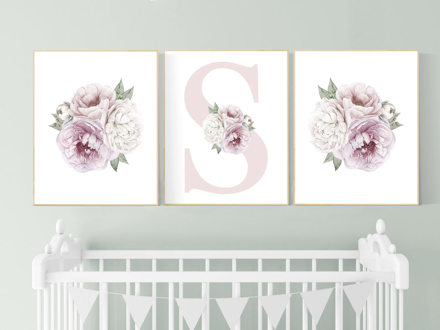 Nursery decor girl flower, floral nursery, peony nursery, burgundy, peony flower, girl nursery wall decor, set of 3 prints, initial art