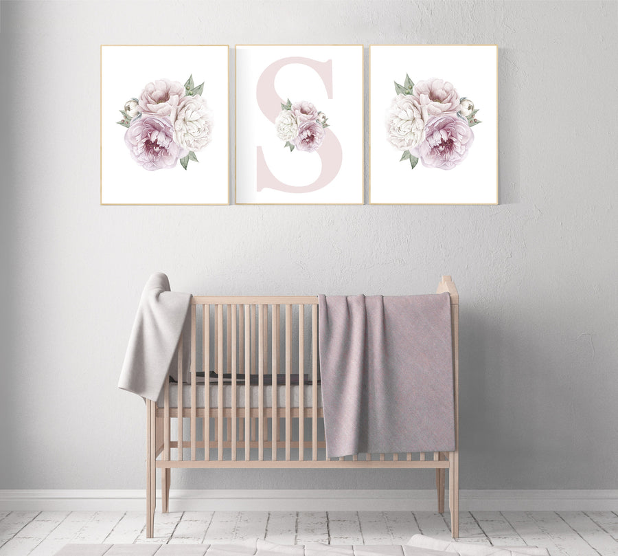 Nursery decor girl flower, floral nursery, peony nursery, burgundy, peony flower, girl nursery wall decor, set of 3 prints, initial art