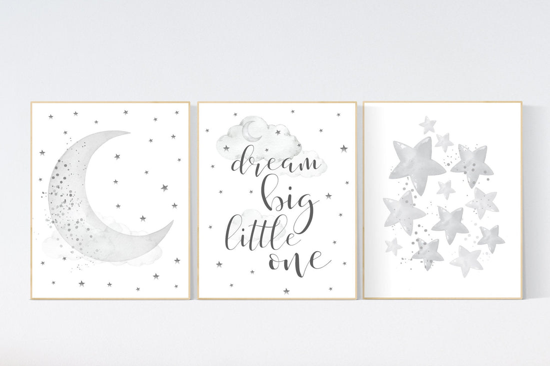 Nursery wall art gender neutral, gray nursery, grey nursery, nursery decor neutral, baby room decor, cloud and stars, dream big little one