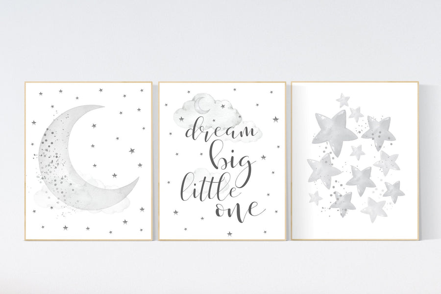 Nursery wall art gender neutral, gray nursery, grey nursery, nursery decor neutral, baby room decor, cloud and stars, dream big little one
