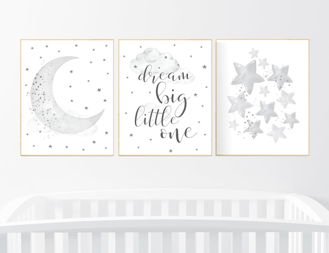 Nursery wall art gender neutral, gray nursery, grey nursery, nursery decor neutral, baby room decor, cloud and stars, dream big little one