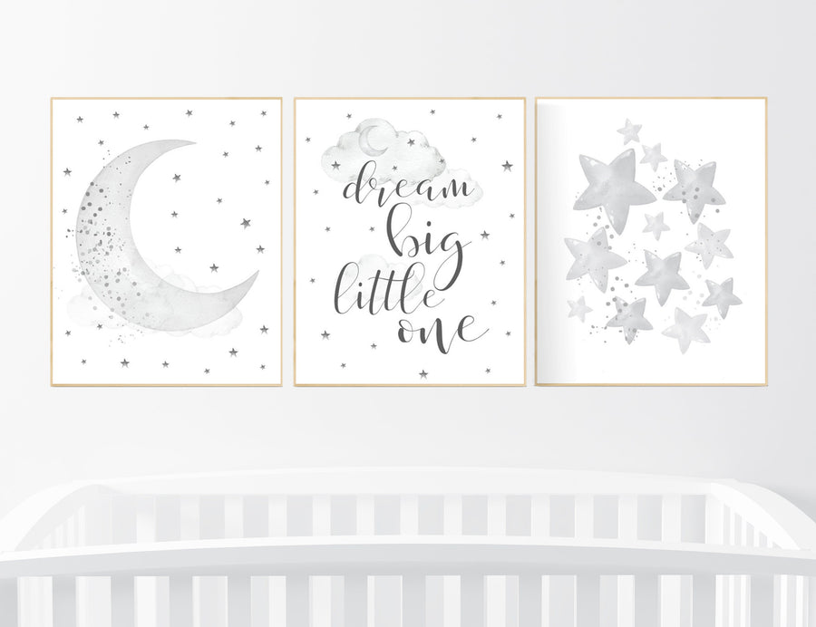 Nursery wall art gender neutral, gray nursery, grey nursery, nursery decor neutral, baby room decor, cloud and stars, dream big little one