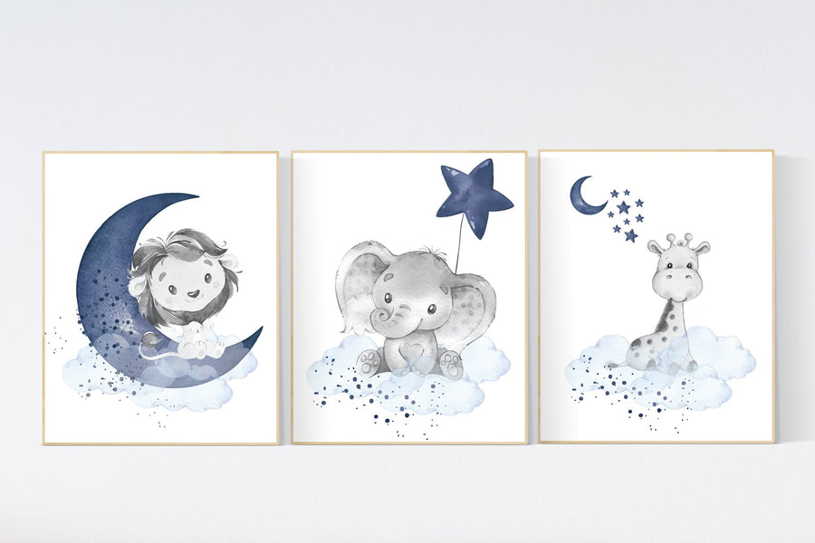 Lion, elephant and giraffe, Navy nursery decor, moon and stars, navy blue nursery art. baby room wall art, boy nursery decor, set of 3