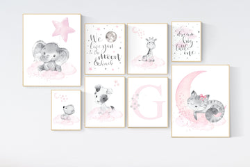 Nursery prints girl, Nursery wall art animals, giraffe, bear, pink grey, nursery decor girl pink, nursery decor girl, girl nursery ideas