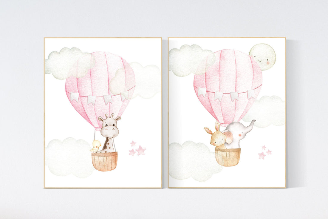 Nursery decor girl woodland, hot air balloon nursery, nursery decor woodland animal, hot air balloon nursery animal, pink nursery print