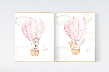 Nursery decor girl woodland, hot air balloon nursery, nursery decor woodland animal, hot air balloon nursery animal, pink nursery print